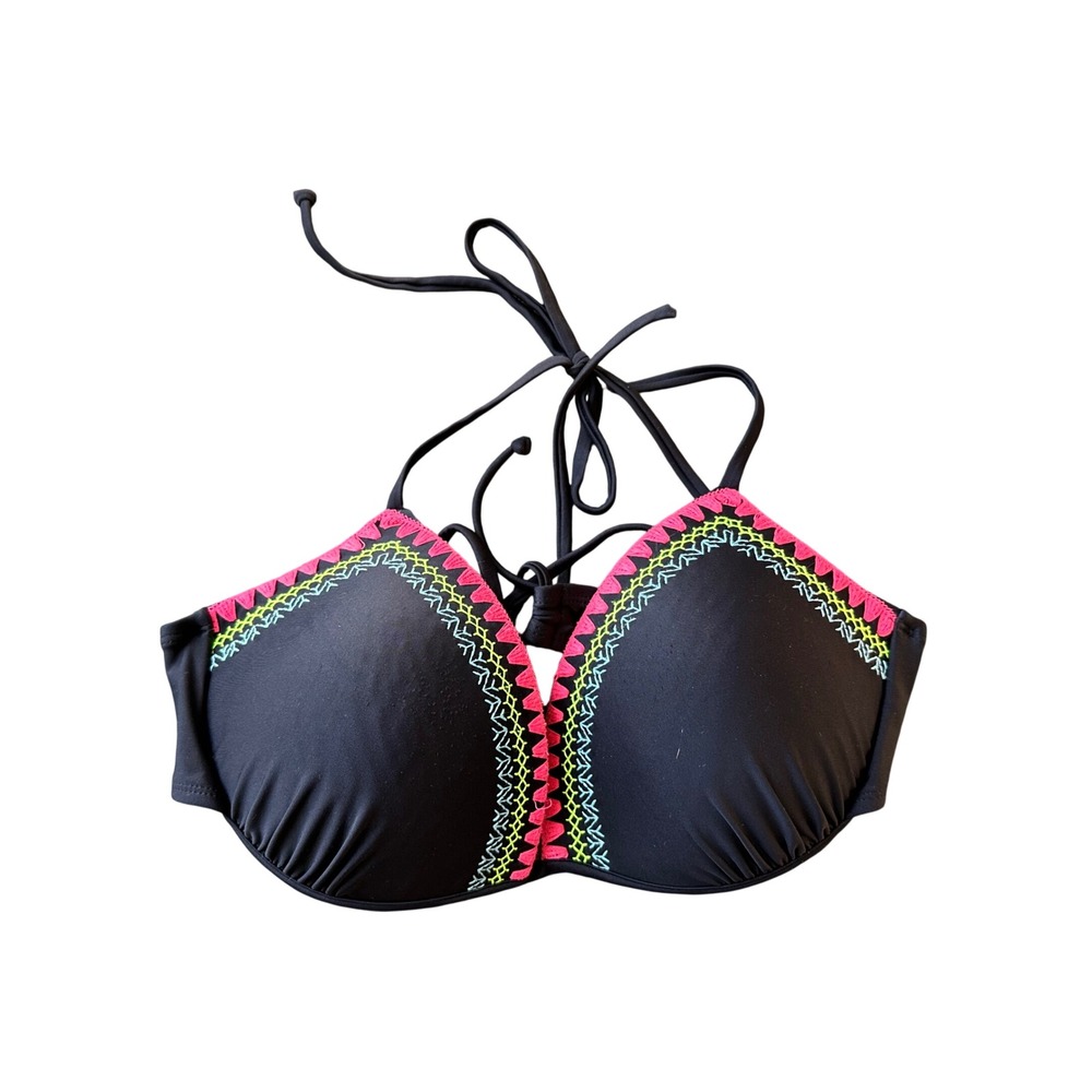Rue Bleu by rue21 Black Neon Embroidered Push Up Halter Bikini Top XL